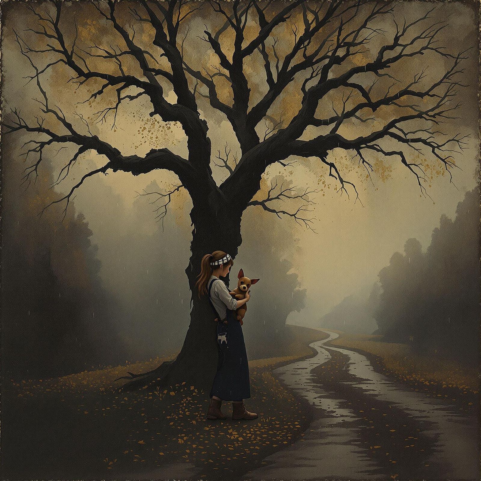 Misty Forest Landscape with Girl and Falling Leaves