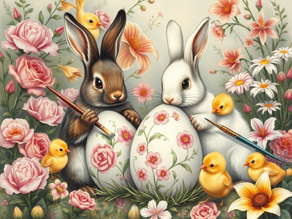 Whimsical Easter Bunnies Painting Floral Eggs