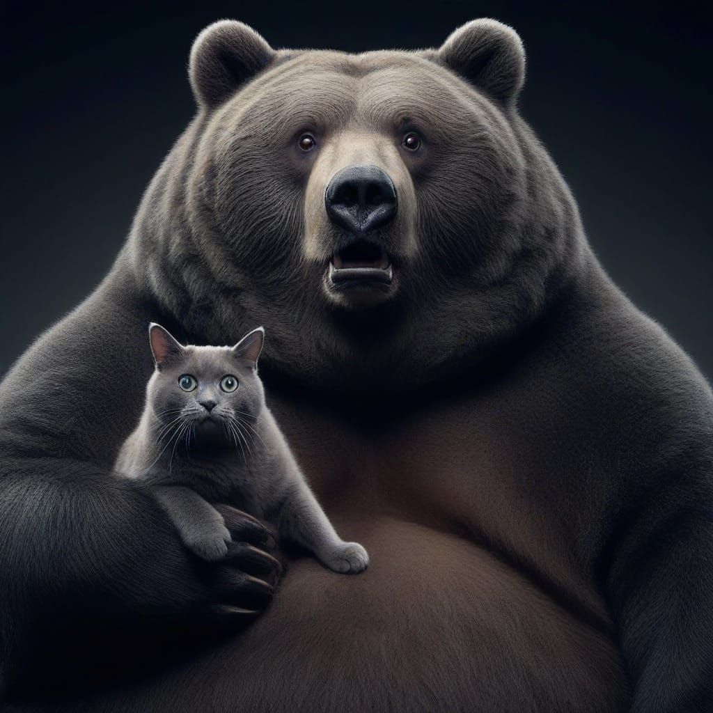 Obese Kodiak Bear Holding a Slender Gray Cat