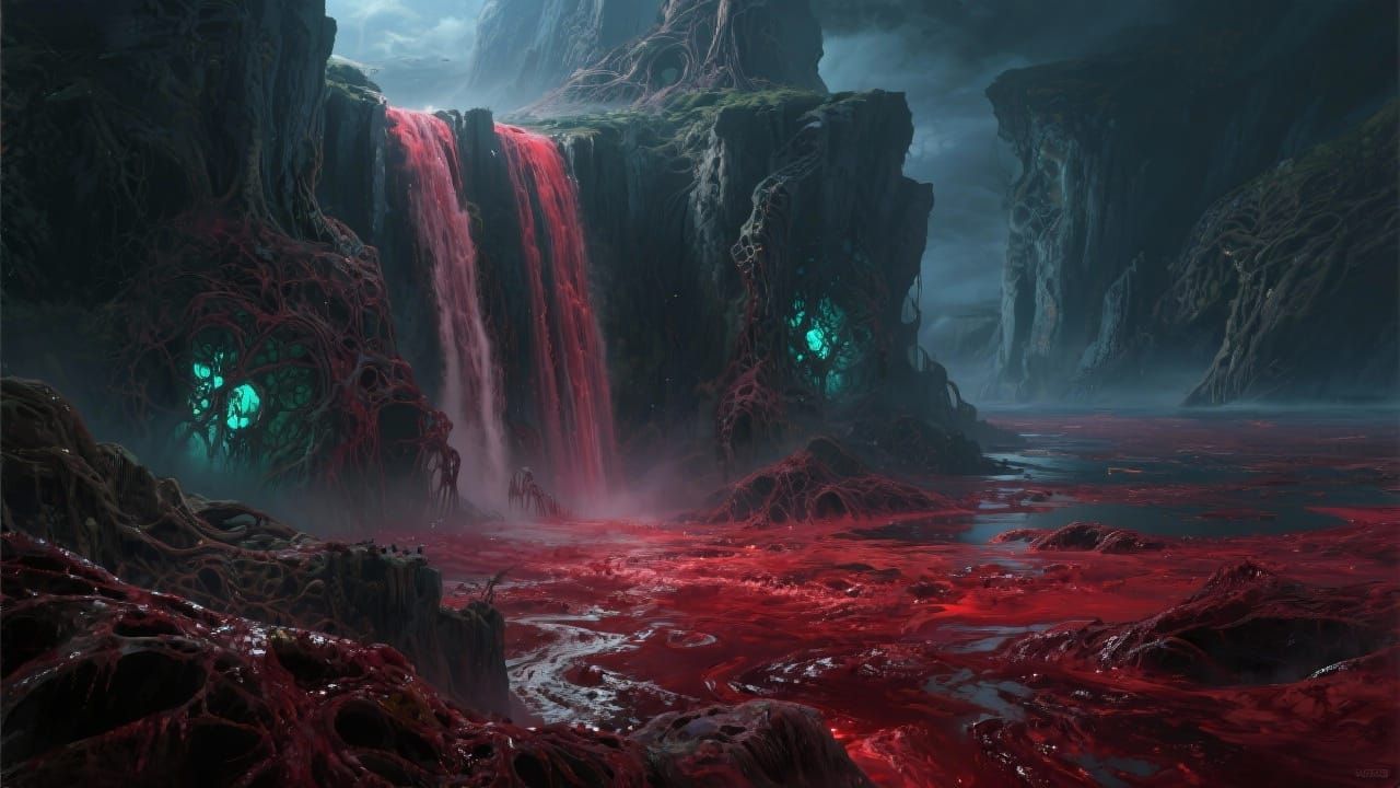 Surreal Crimson Blood Ocean Waterfall