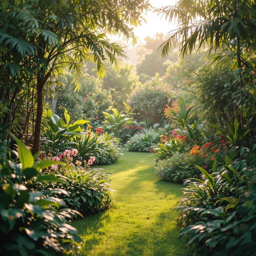 Serene Garden Paradise in Cinematic Lighting
