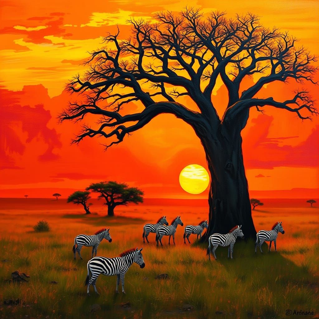 Surreal Baobab Tree Dominates Golden African Sunset Landscap...