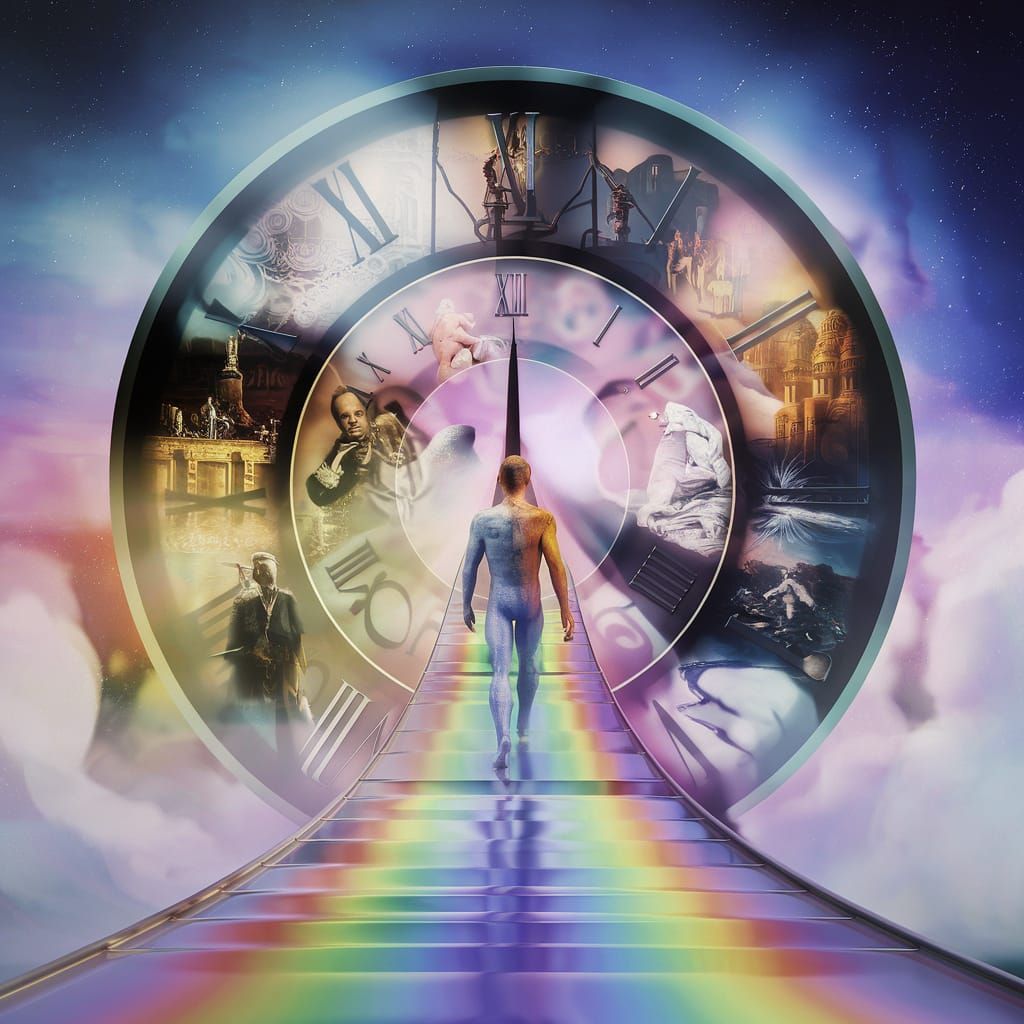 Time Traveler on Rainbow Bridge in Dreamy Airbrush Painting