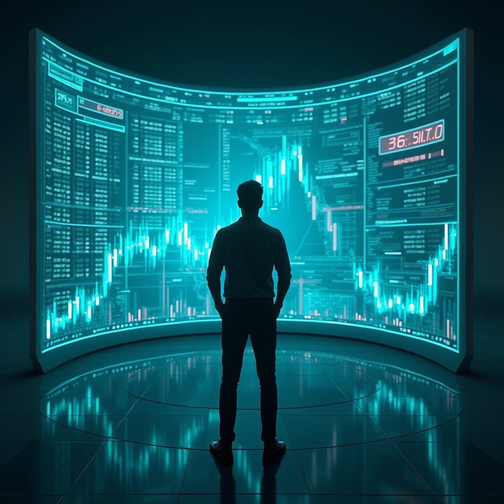 Futuristic Trader in Front of Dynamic Forex Charts