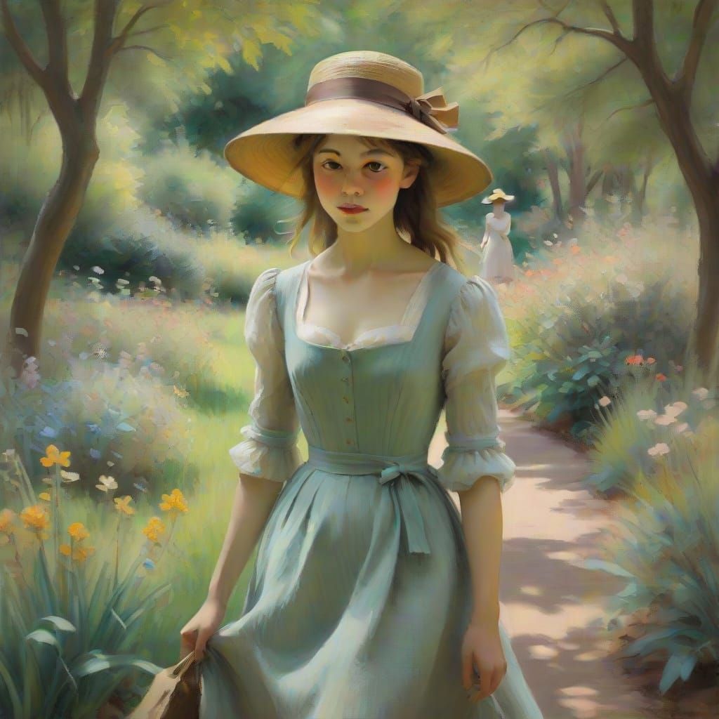 Impressionist Oil Painting of a Young Girl in a Garden