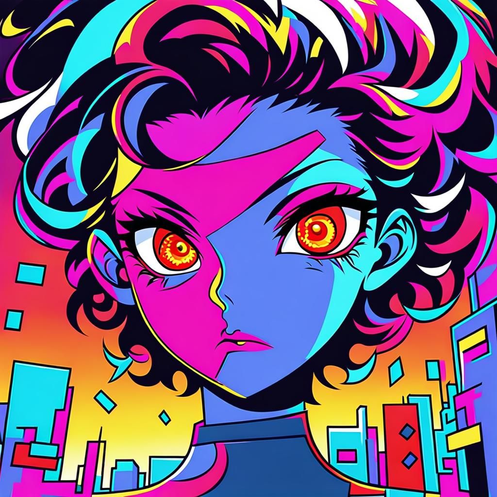 Pop Art Portrait of a Red-Eyed Brunette in Cityscape