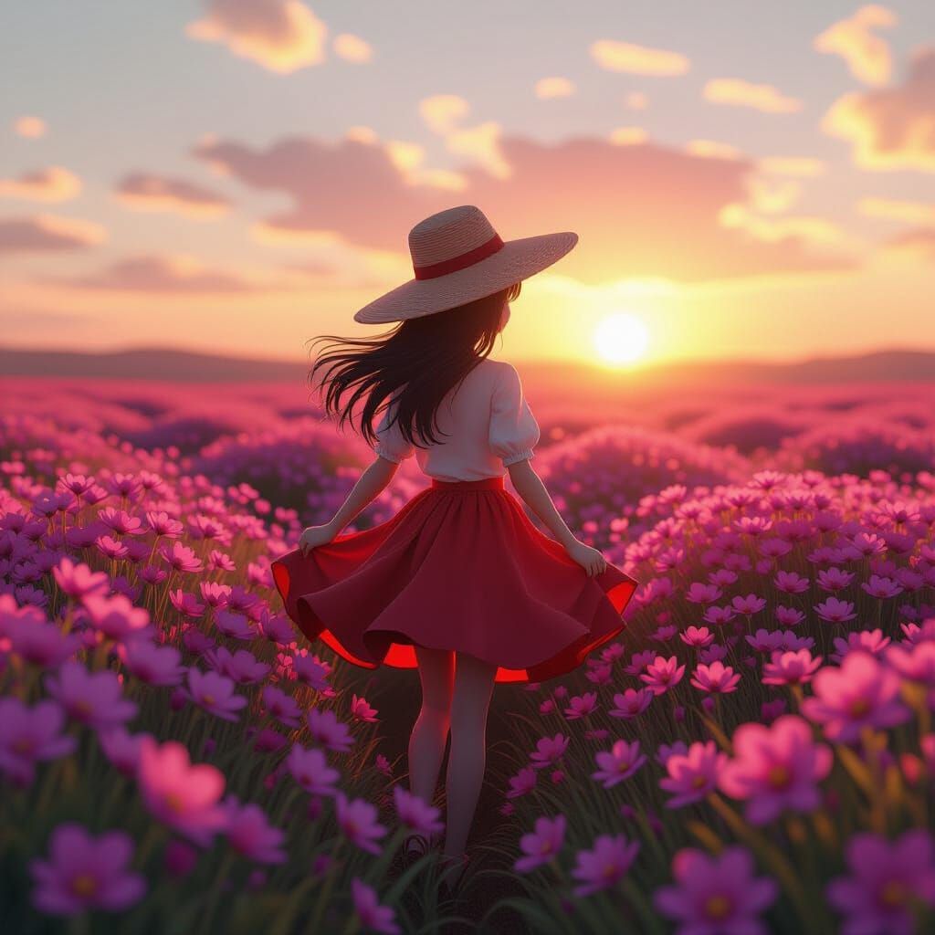 Girl in Purple Flowers Under Golden Sunset