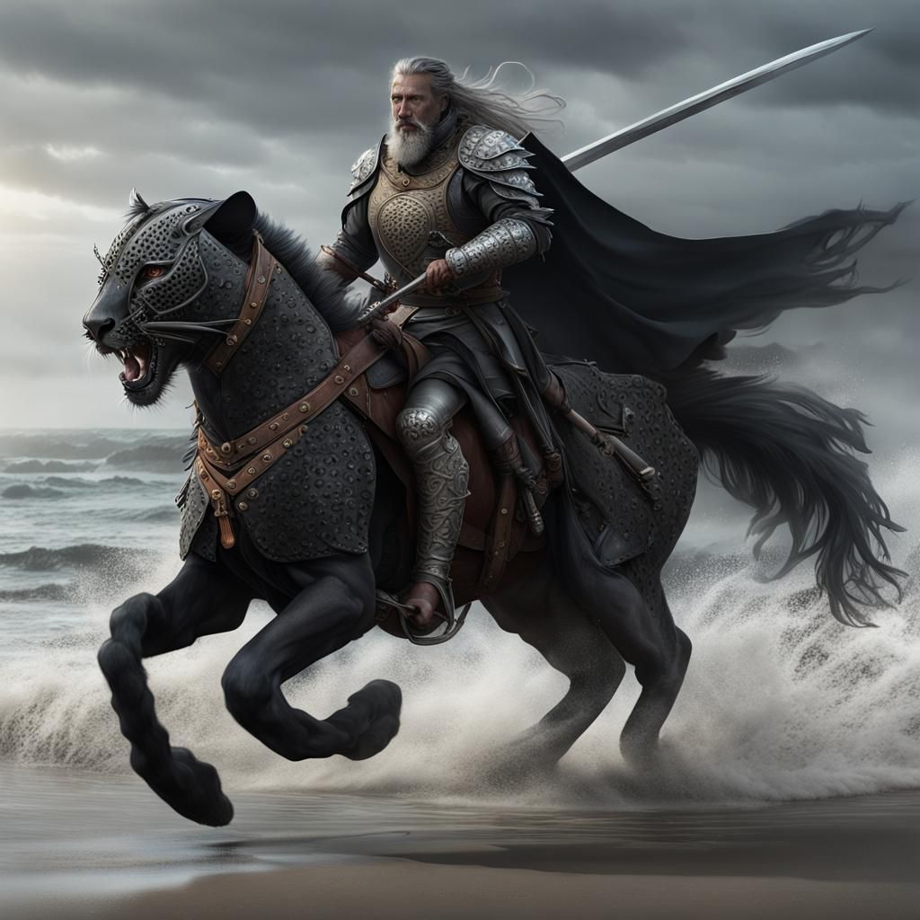Leopard Humanoid Knight Riding Horse, Dark Fantasy Art