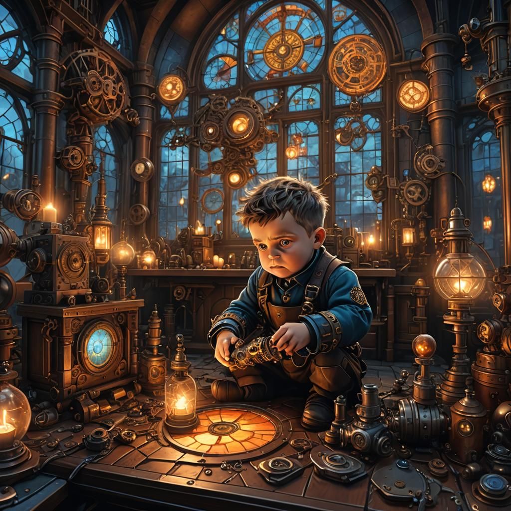 Baby Frankenstein in Steampunk Laboratory