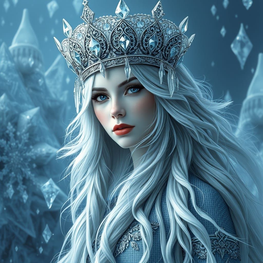 Ethereal Ice Queen with Frosty Crown and Shimmering Ice Crys...