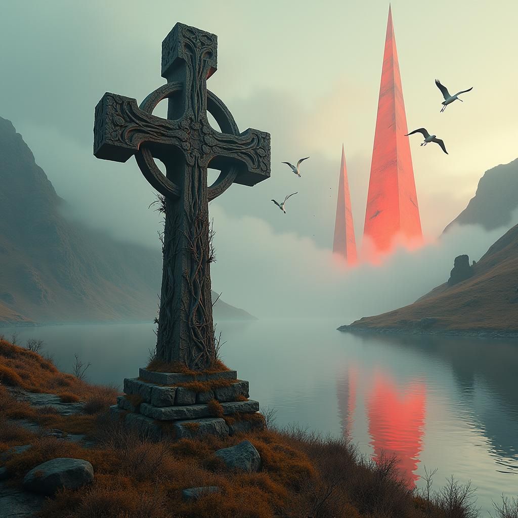 Celtic Cross Above Loch in Surrealist Style