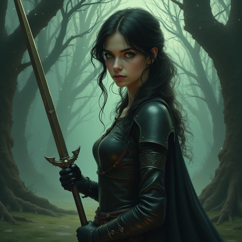 Mysterious Warrior in Whimsical Forest Landscape