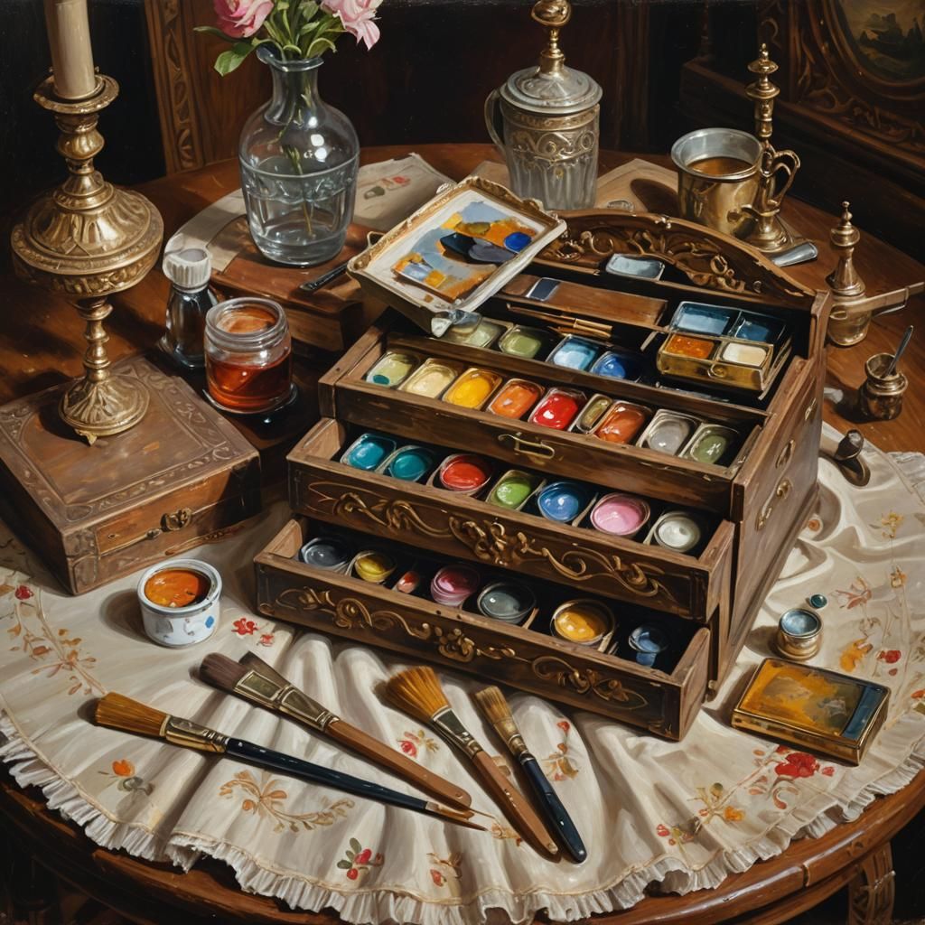Vintage Paint Box Still Life in Oil Painting Style