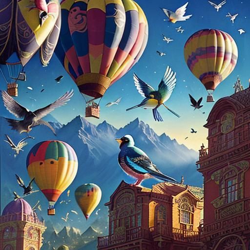 Whimsical Bird Guardians in Fantasy Hot Air Balloon