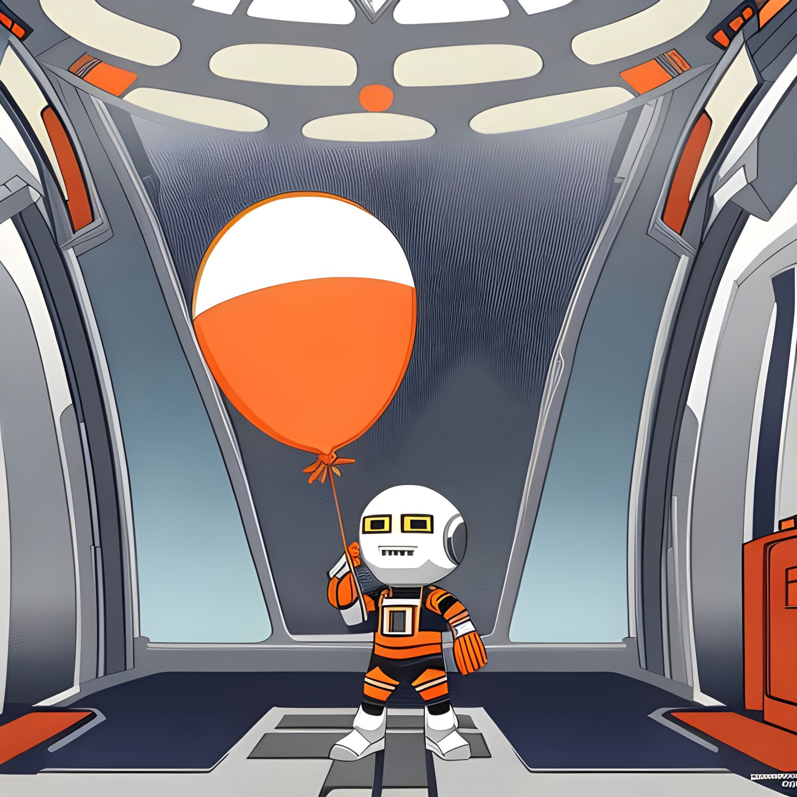 Chibi Robot with Balloon in 1930s Comic Style