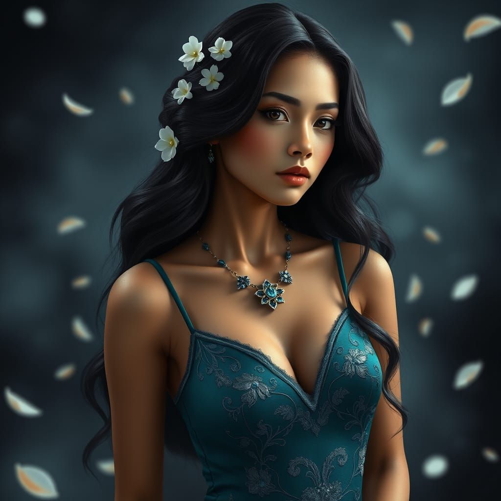 Peruvian Woman in Teal Dress with Floral Details