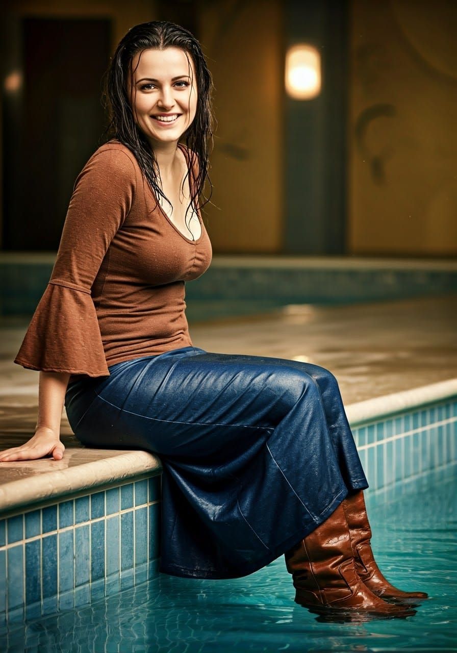 Woman in Denim Enjoys Poolside Bliss