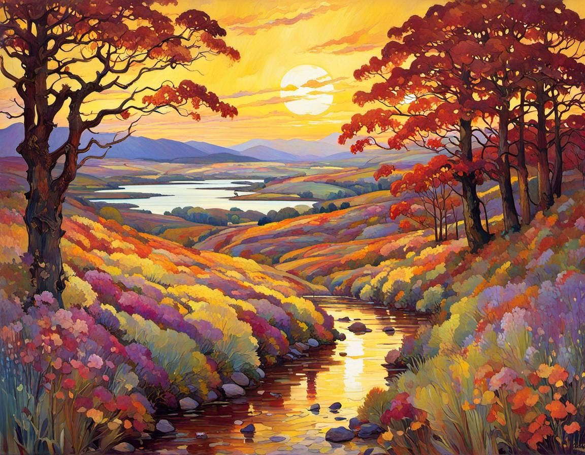 Scottish Autumn Landscape in Tiffany Style