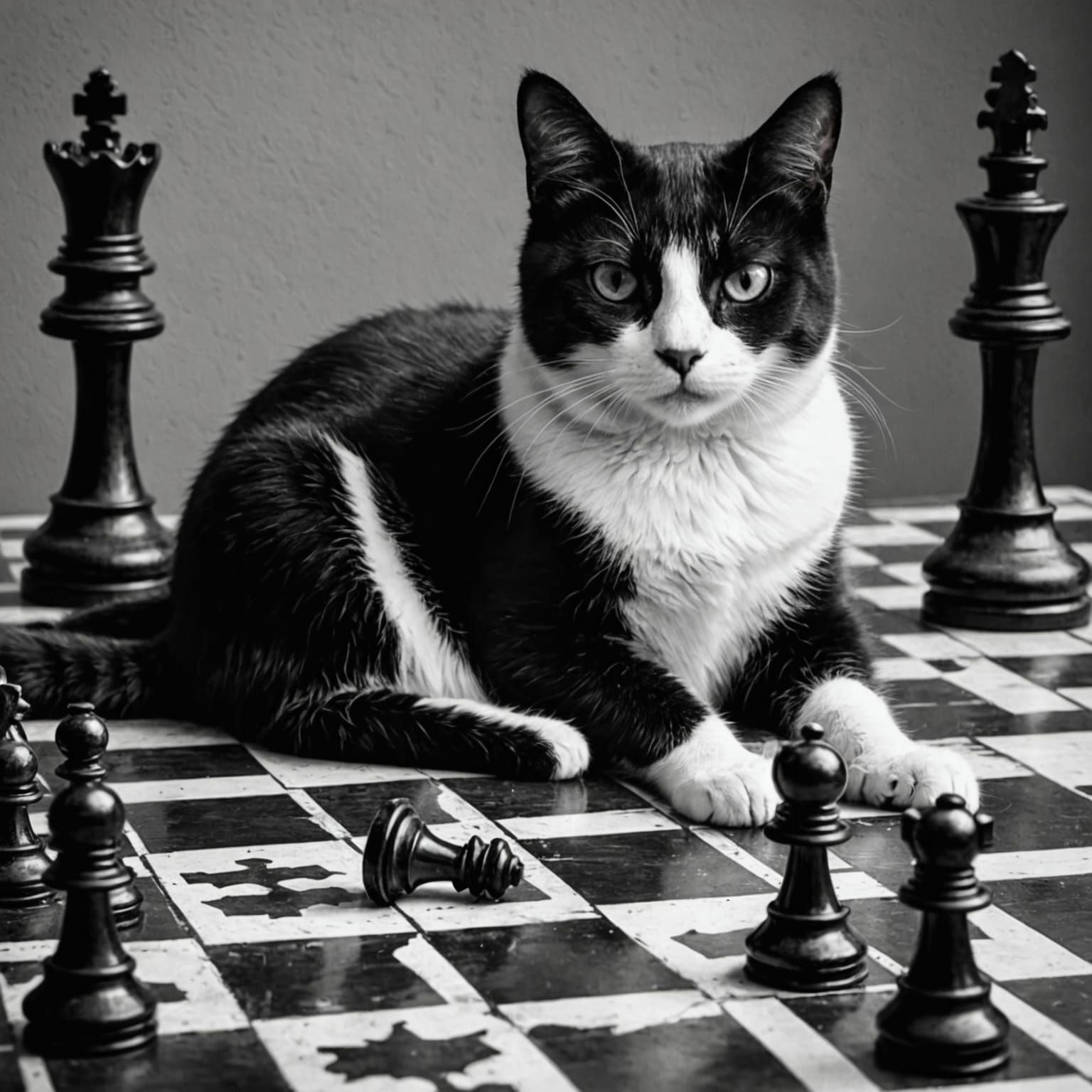 Cat Amidst Fallen Chess Pieces: Ink Drawing