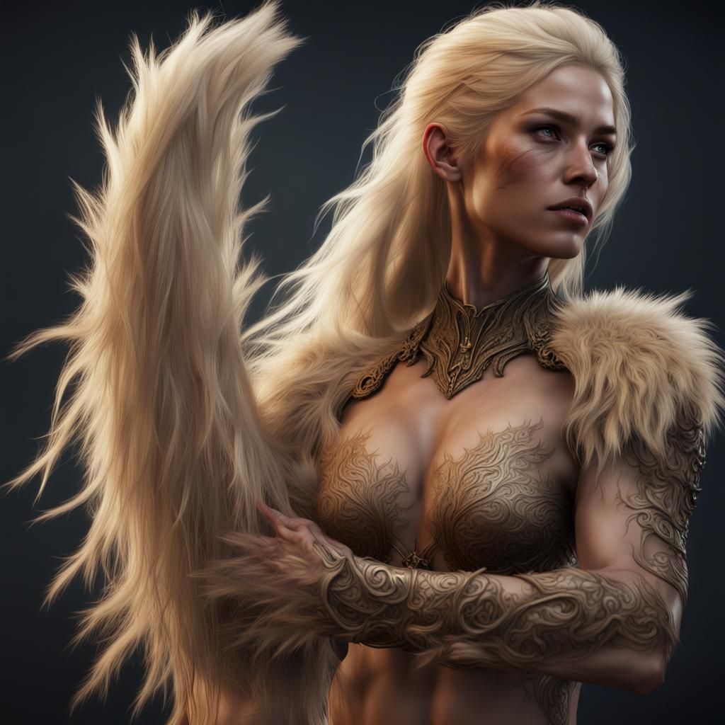 Hairy Blonde Woman: Detailed Fantasy Art