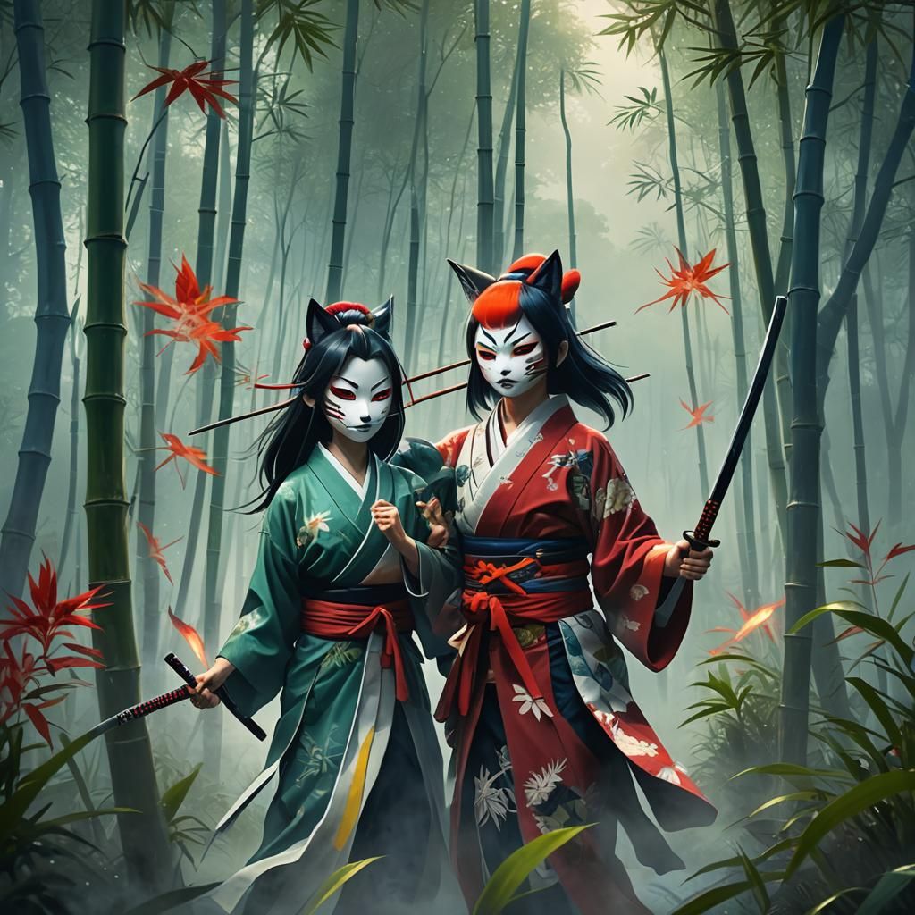 Kimono Warrior Battling Yokai in Bamboo Forest