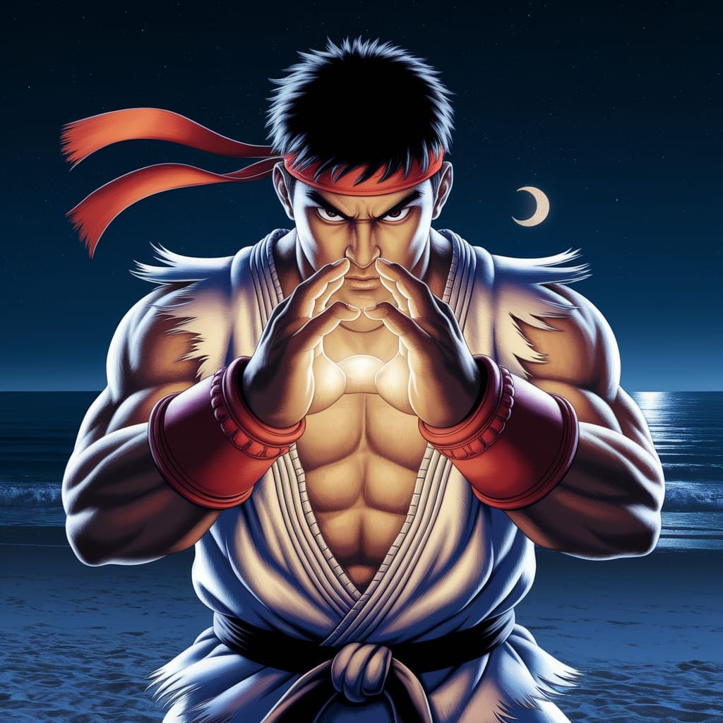 Ryu Prepares Hadouken on Night Beach in 8K