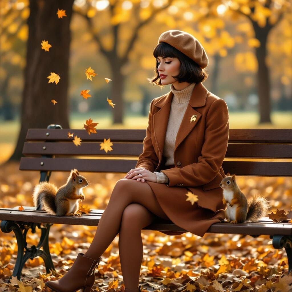 Autumn Scene: Woman and Squirrel on Park Bench
