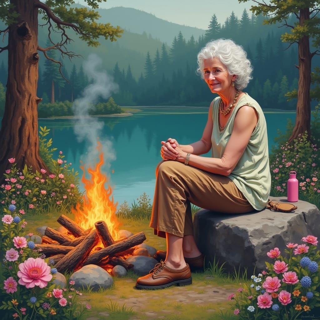 Cozy Camping Scene with Kind Lady, Abstract Art
