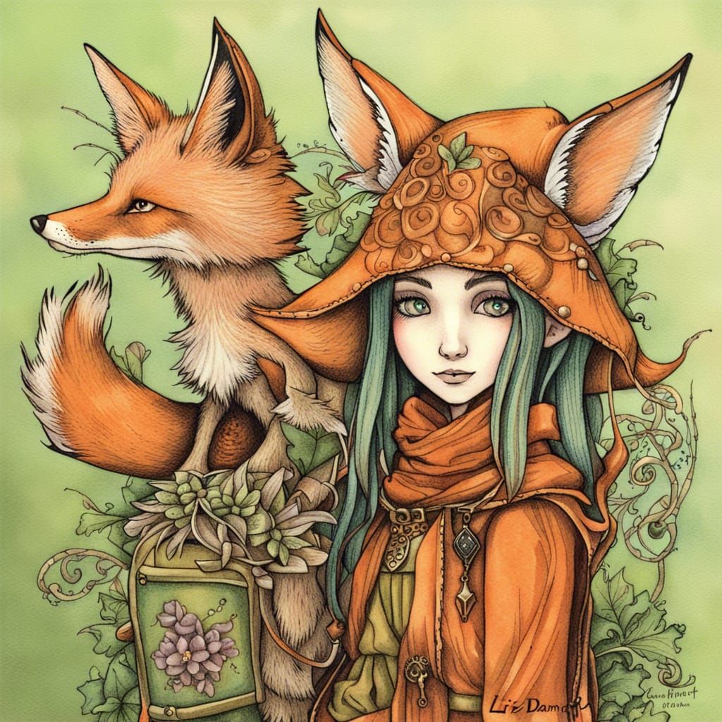 Fox-headed Fairy Merchant in Pen and Ink Style