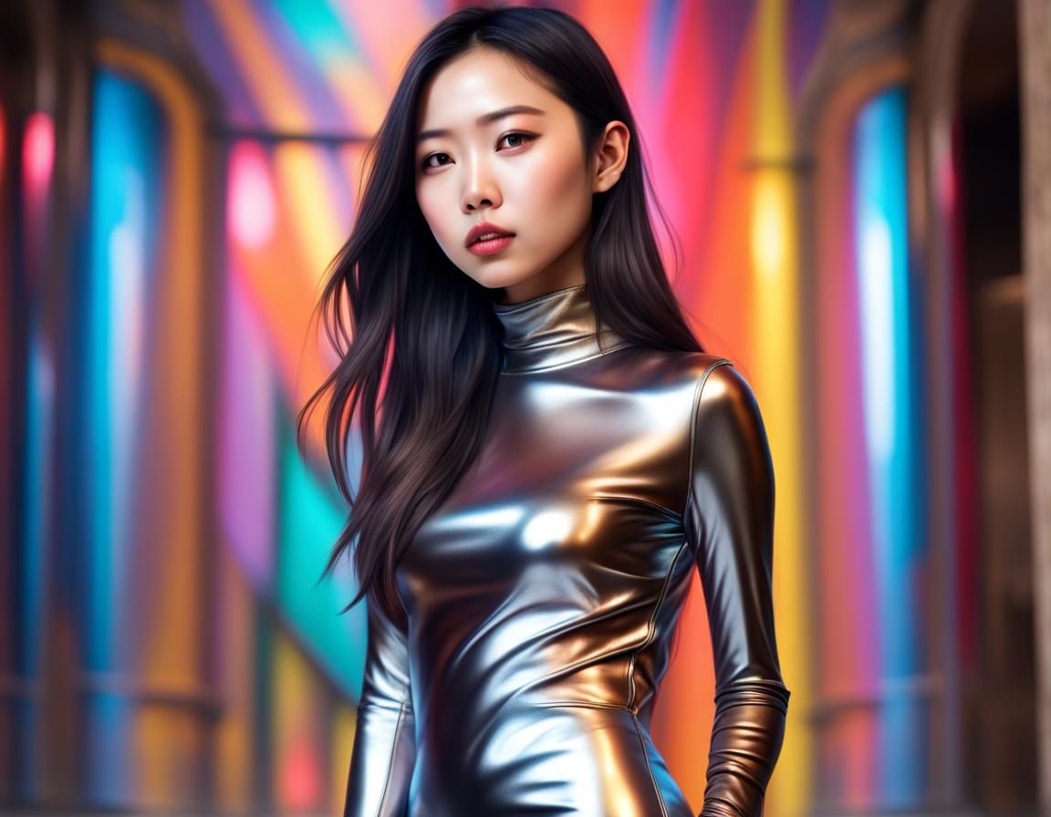 Attractive Asian Girl in Metallic Dress, Hyperrealistic