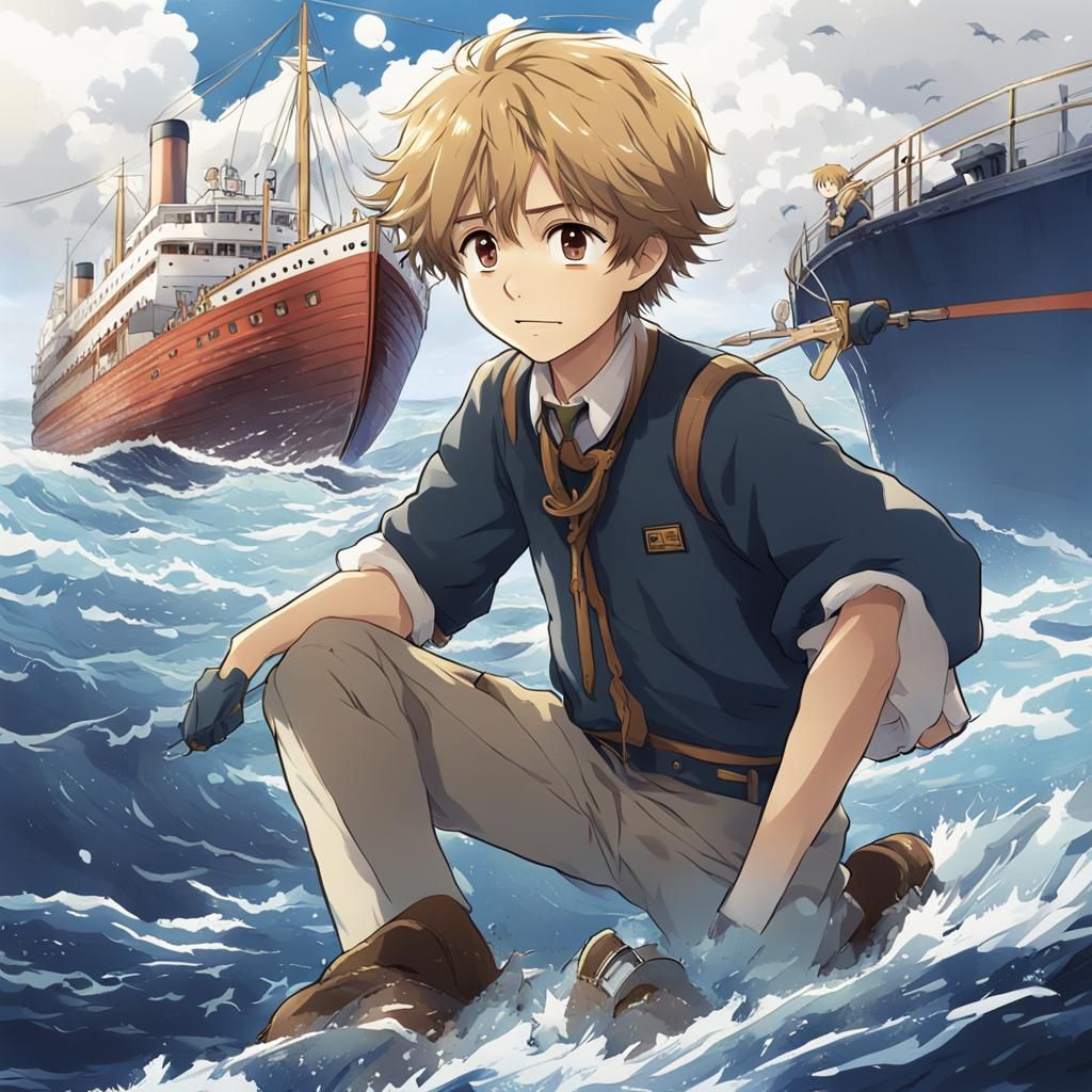 Boy Adrift from Titanic Disaster in Anime Style