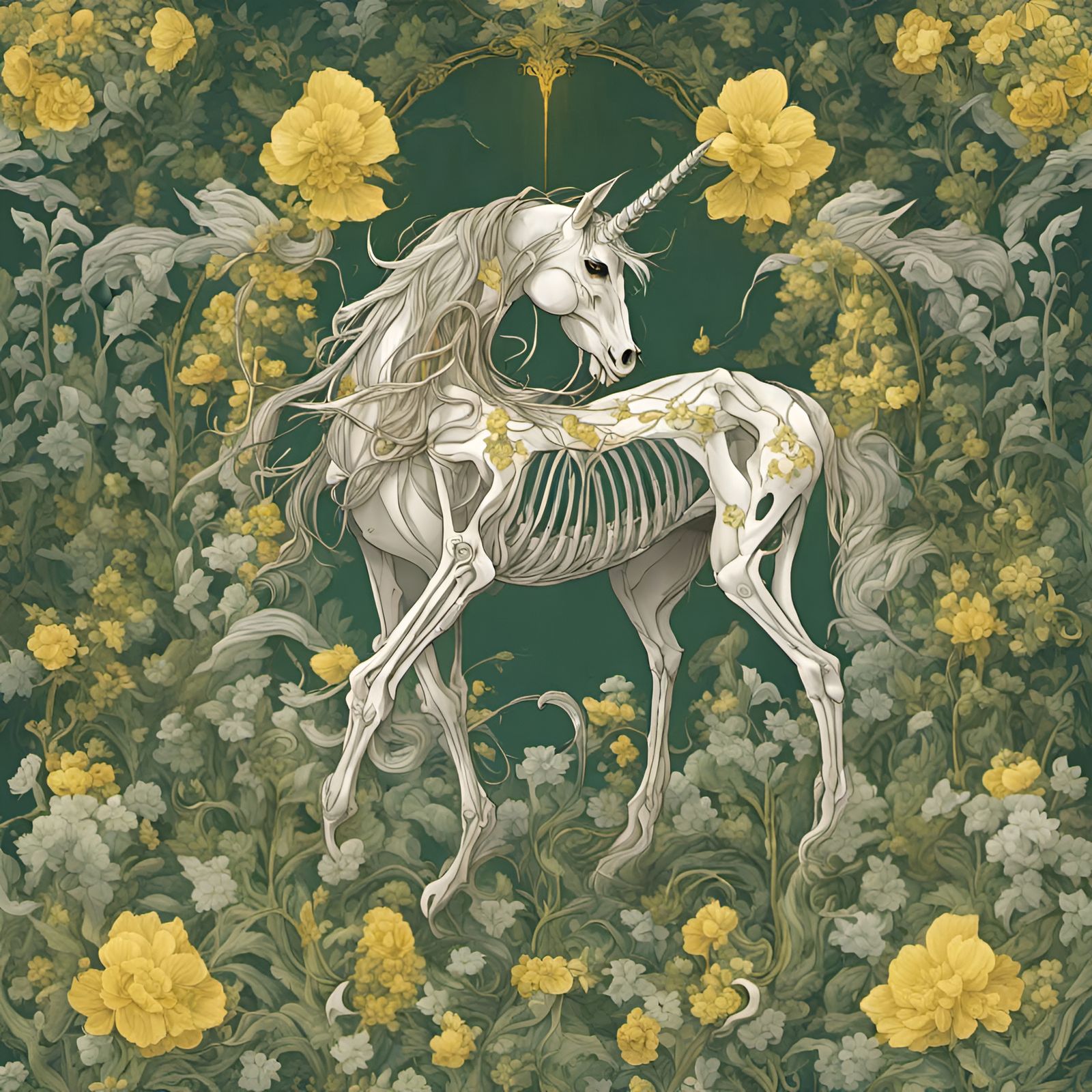 Unicorn Skeleton Surrounded by Flowers in Art Nouveau Style