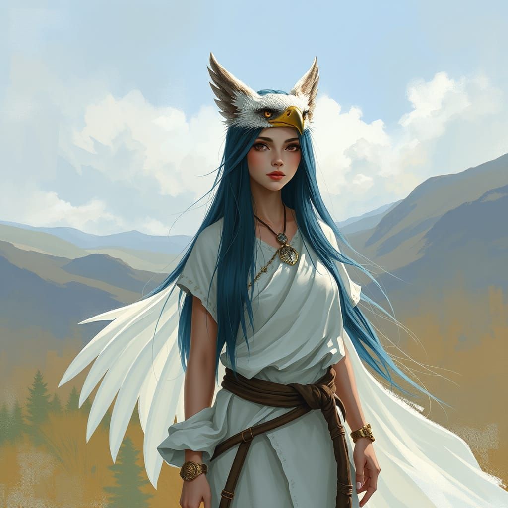 Eagle Hybrid Girl in Serene Landscape, Digital Art