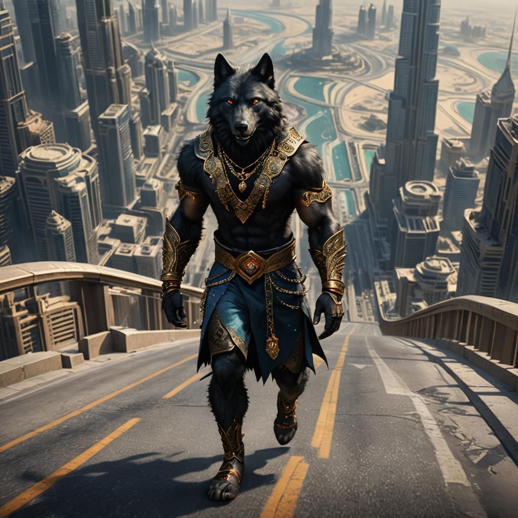 Wrestler Wolf Walks Past Burj Khalifa: Digital Painting