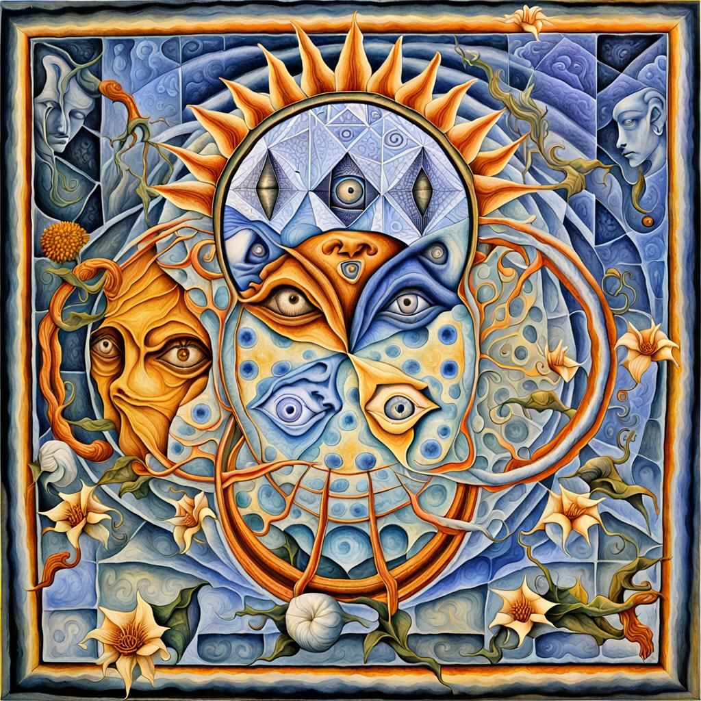 Datura flowers in bloom, elves  with pyramidal heads third eye dancing, DMT art, H.R. GIGER, M.C. ESCHER, Leonora CARRIN...