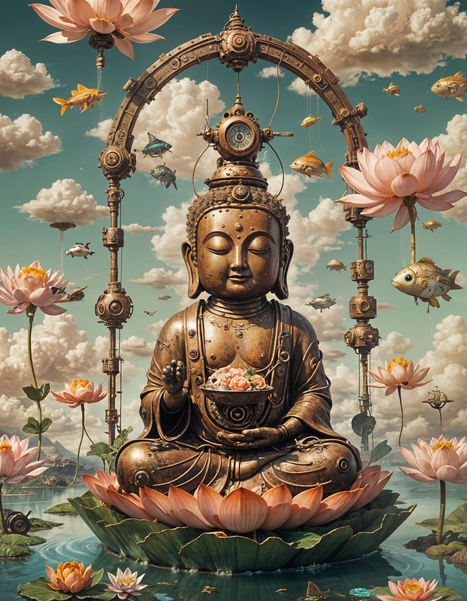 Steampunk Buddha Robot with Sushi, in Retro Style