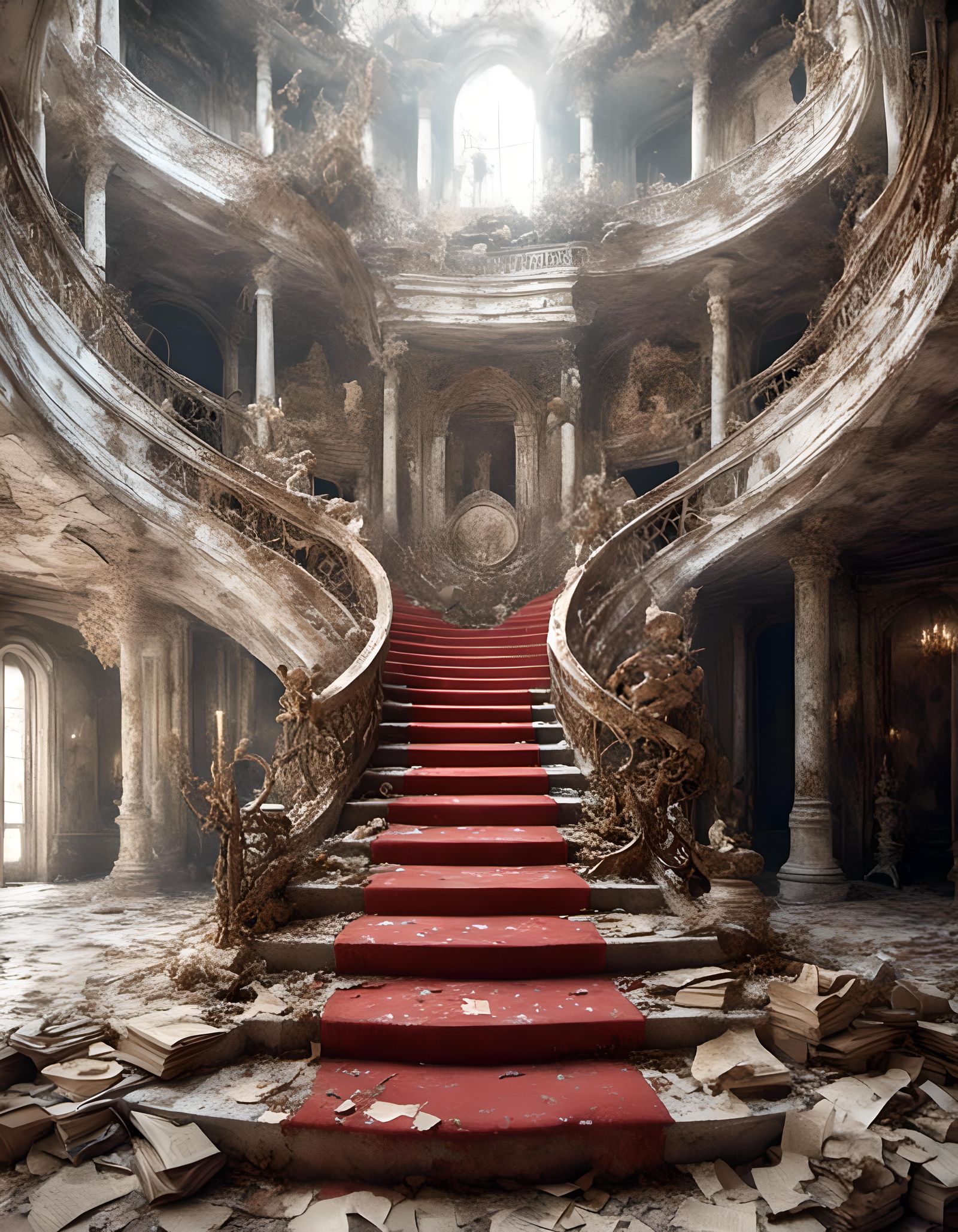Opulent Decaying Paper Staircase in Urban Setting