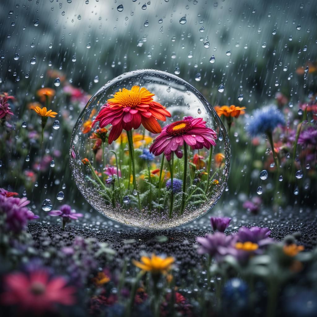 Colorful Flower Garden Inside a Raindrop