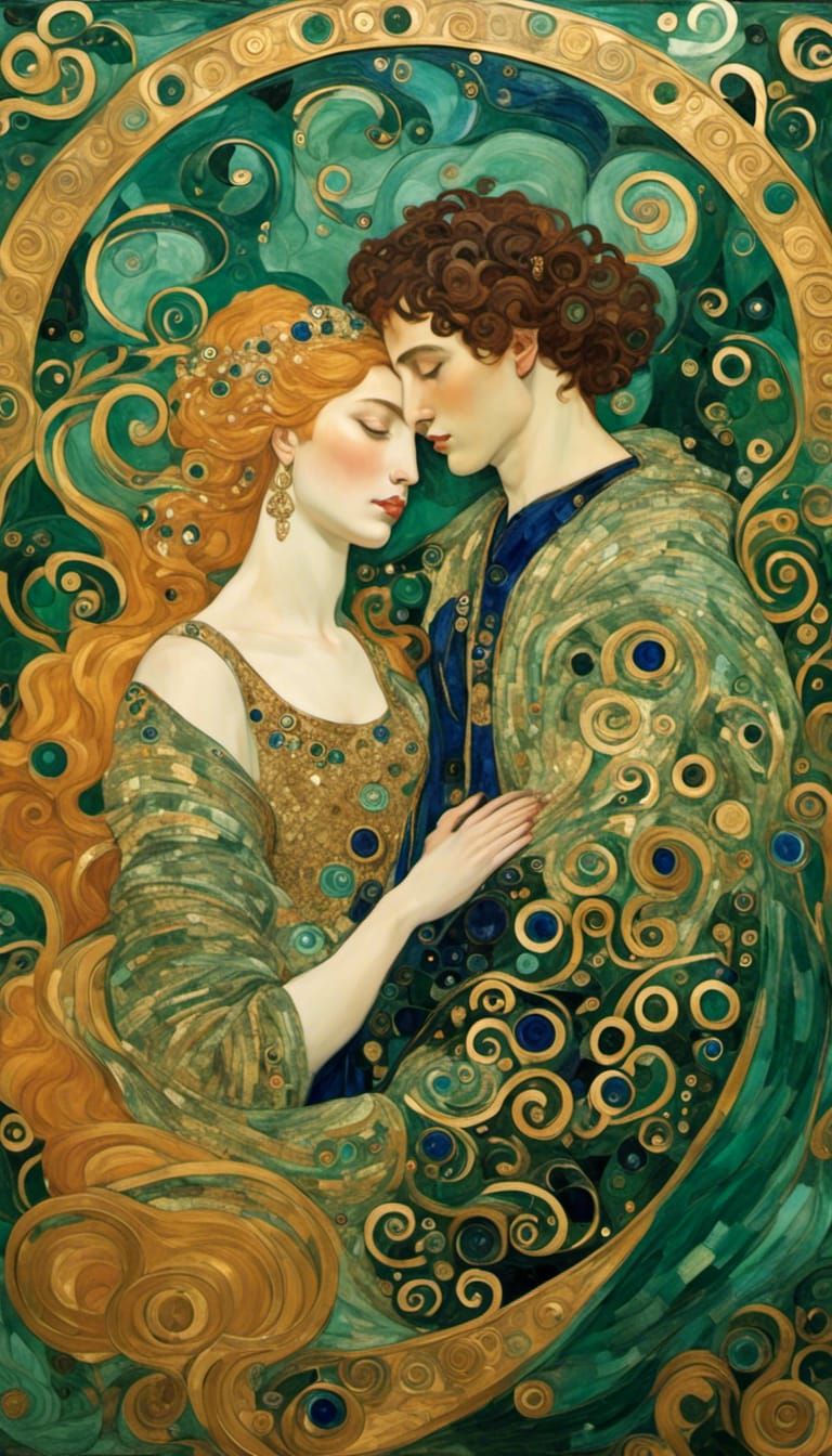 <lora:Klimt Craft:1.0> Golden hued, ornate couple embracing,...