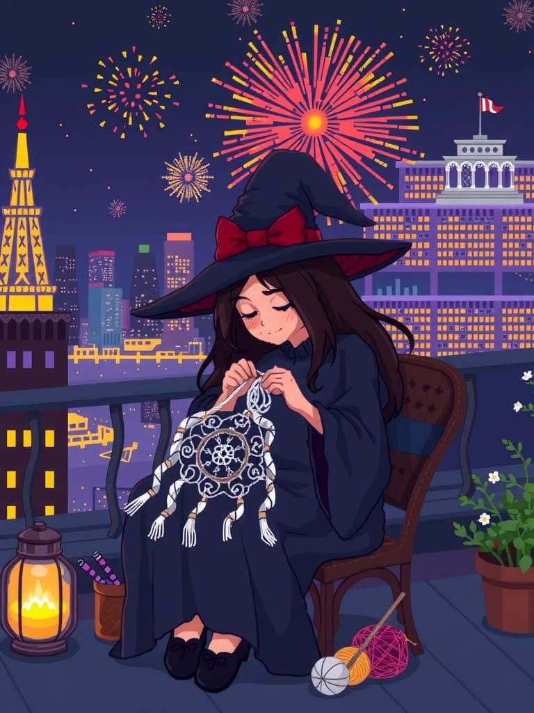 Pixel Art Witch Crocheting Under Fireworks
