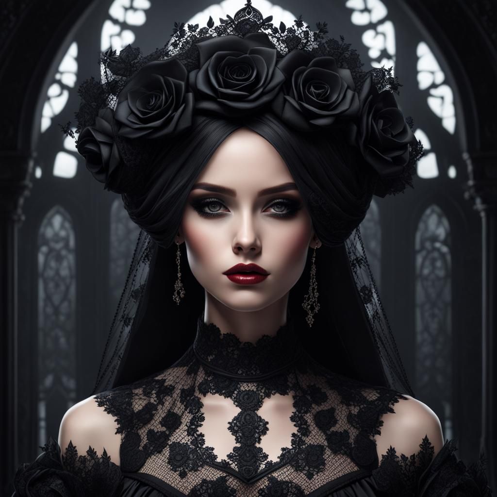Gothic Girl in Black Lace Dress and Flowers