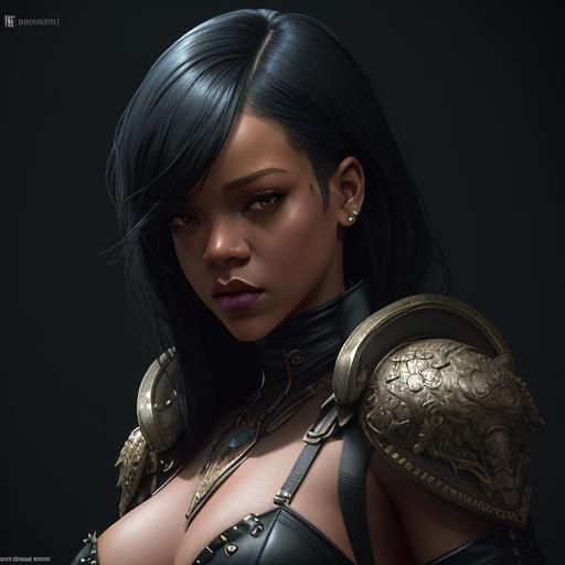 Rihanna in Intricate Leather Outfit, Digital Art Portrait