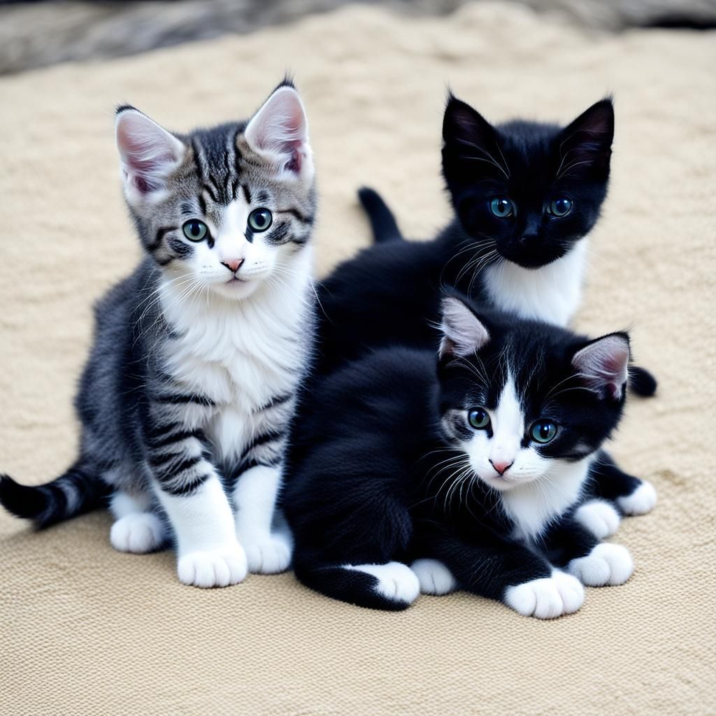 Three Cute Kittens: Black, Tabby, and Black & White