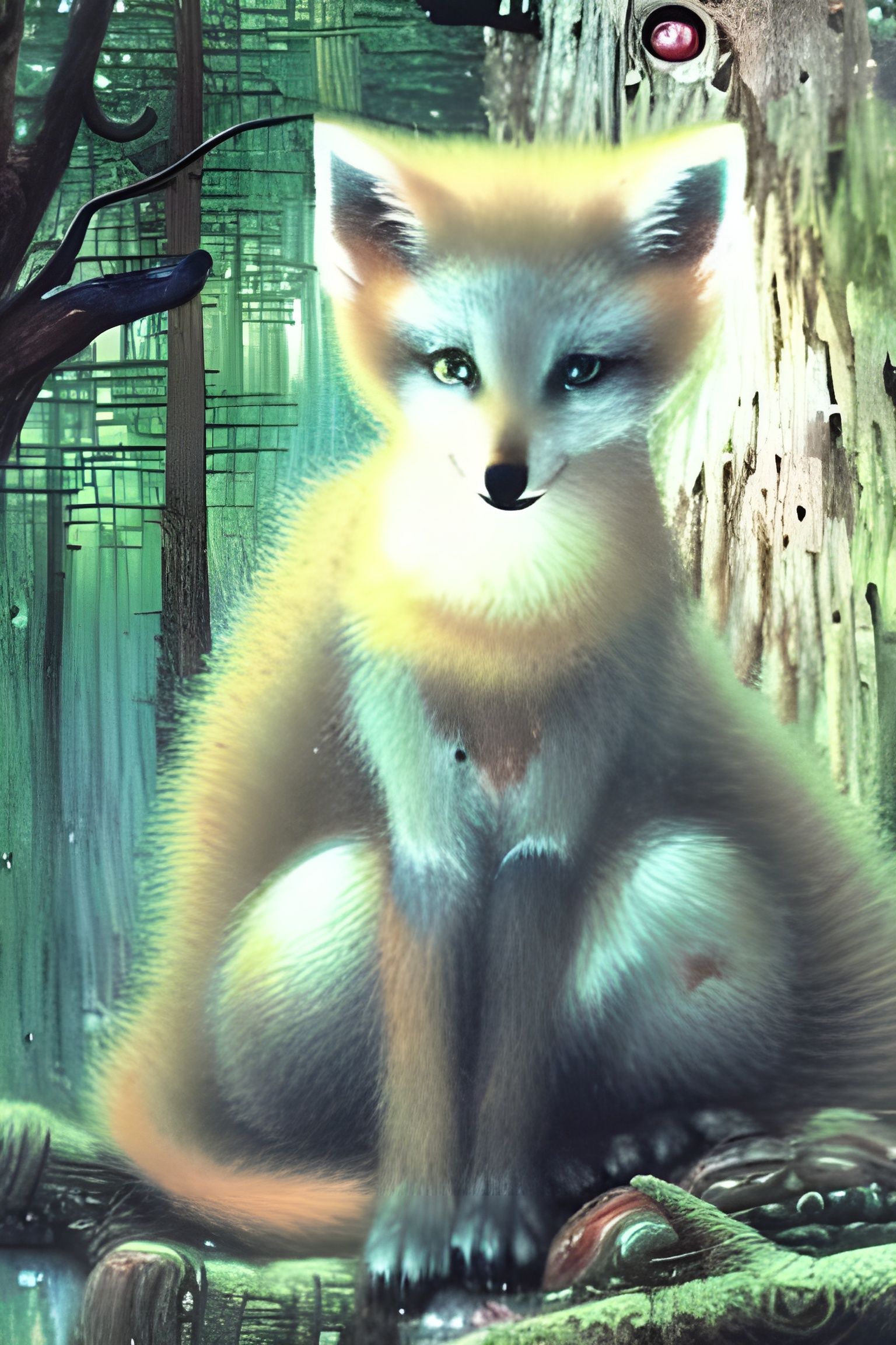 Portrait of acute baby kitsune in a haunted forest, beautiful intricate detailed magnificent painting, misty ominous at...