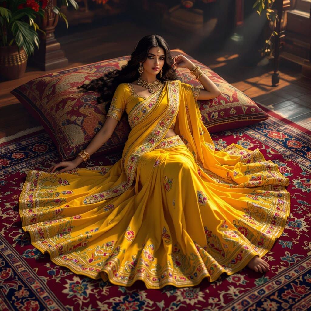 Regal Woman in Yellow Saree on Oriental Rug