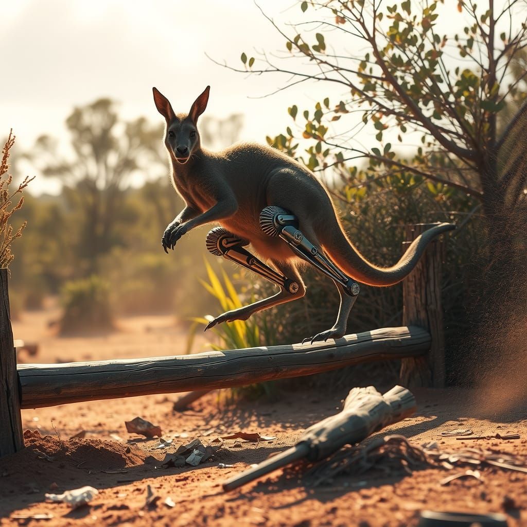 Kangaroo Leaping with Prosthetic Legs in Futuristic Style