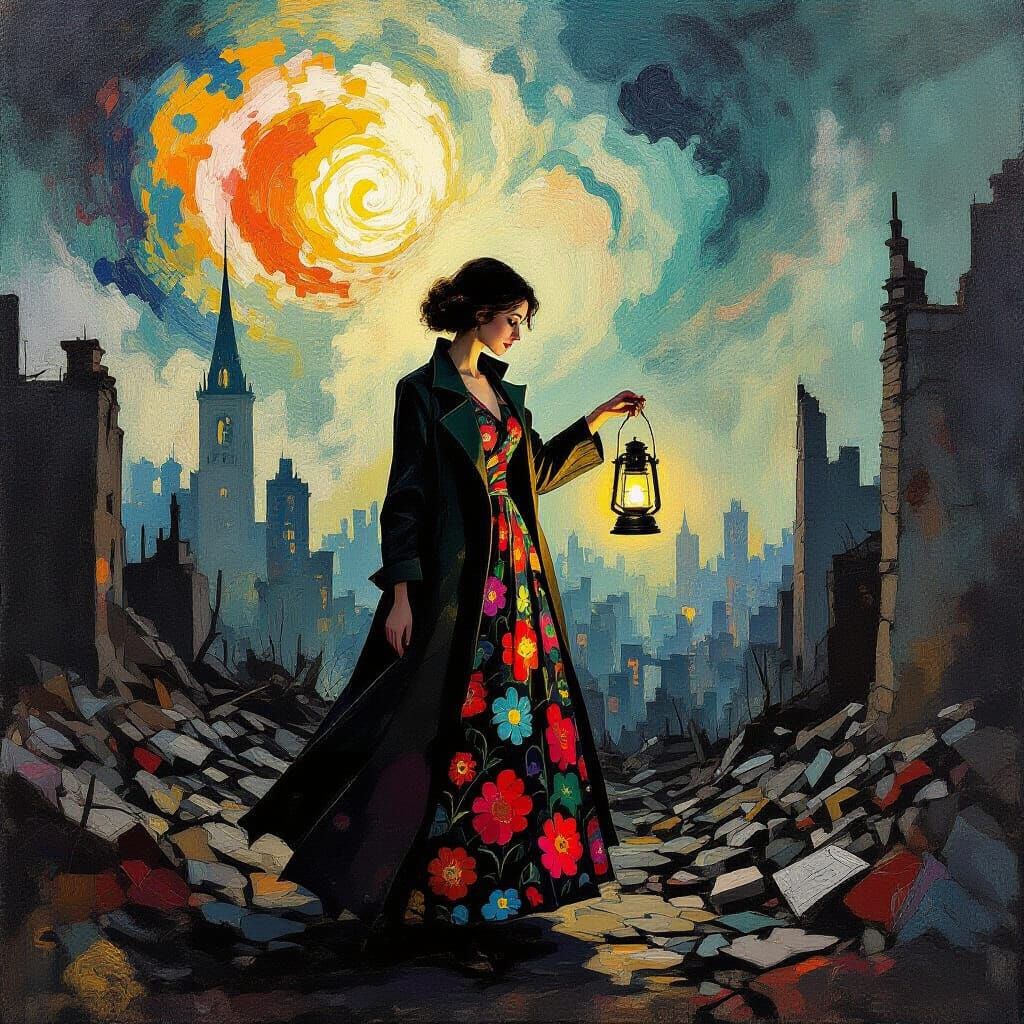 Woman with Lantern in City Ruins, Expressionist Style