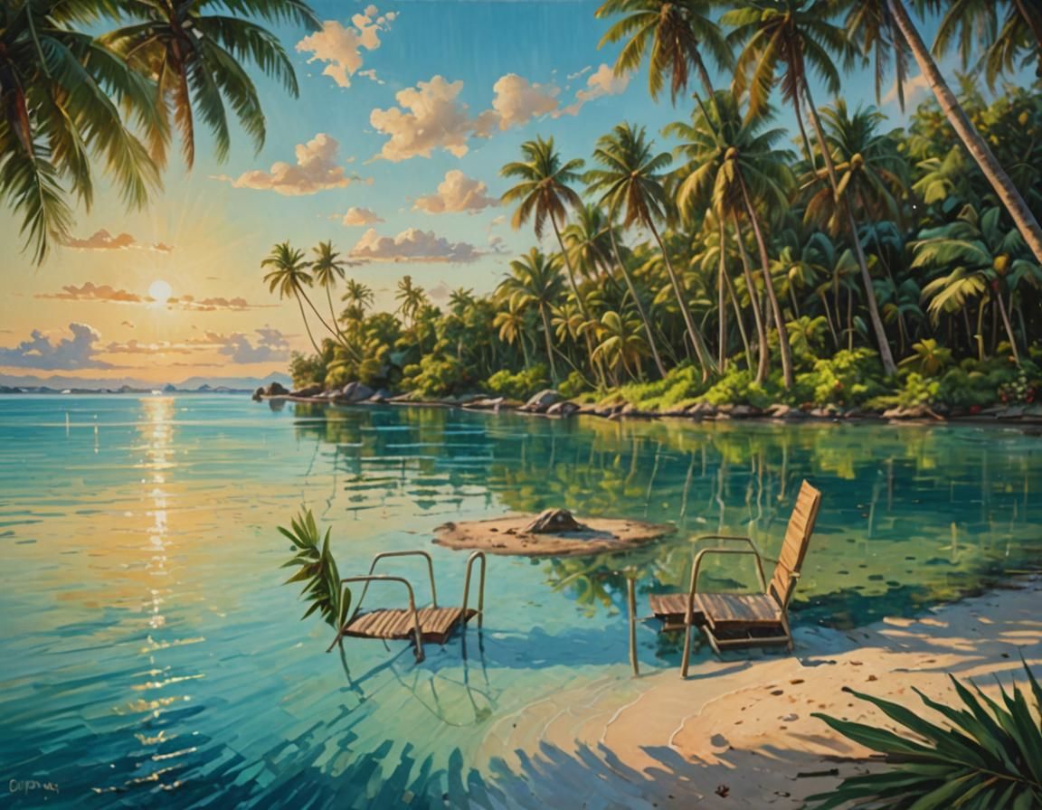 Tropical Island Lagoon in Oil Paint Style