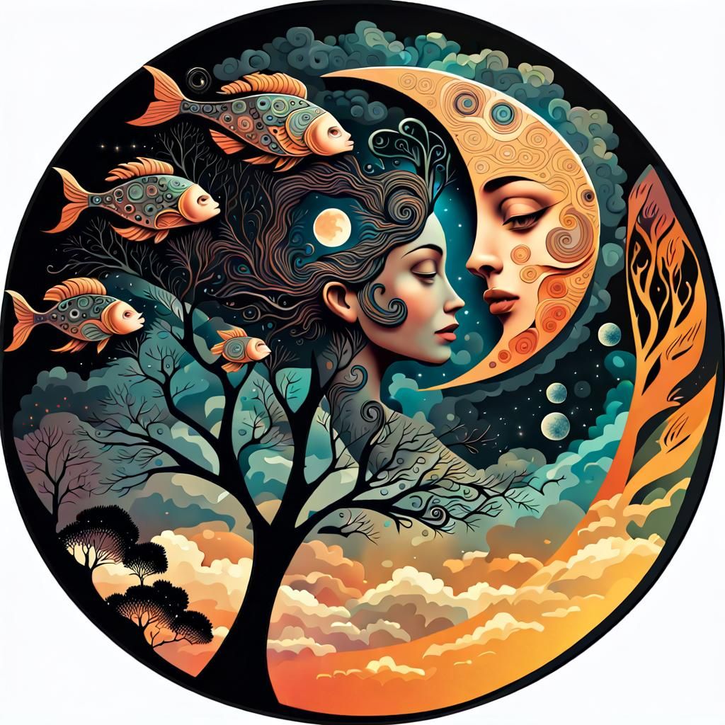 Stylized Moon Disk with Woman's Face Silhouette