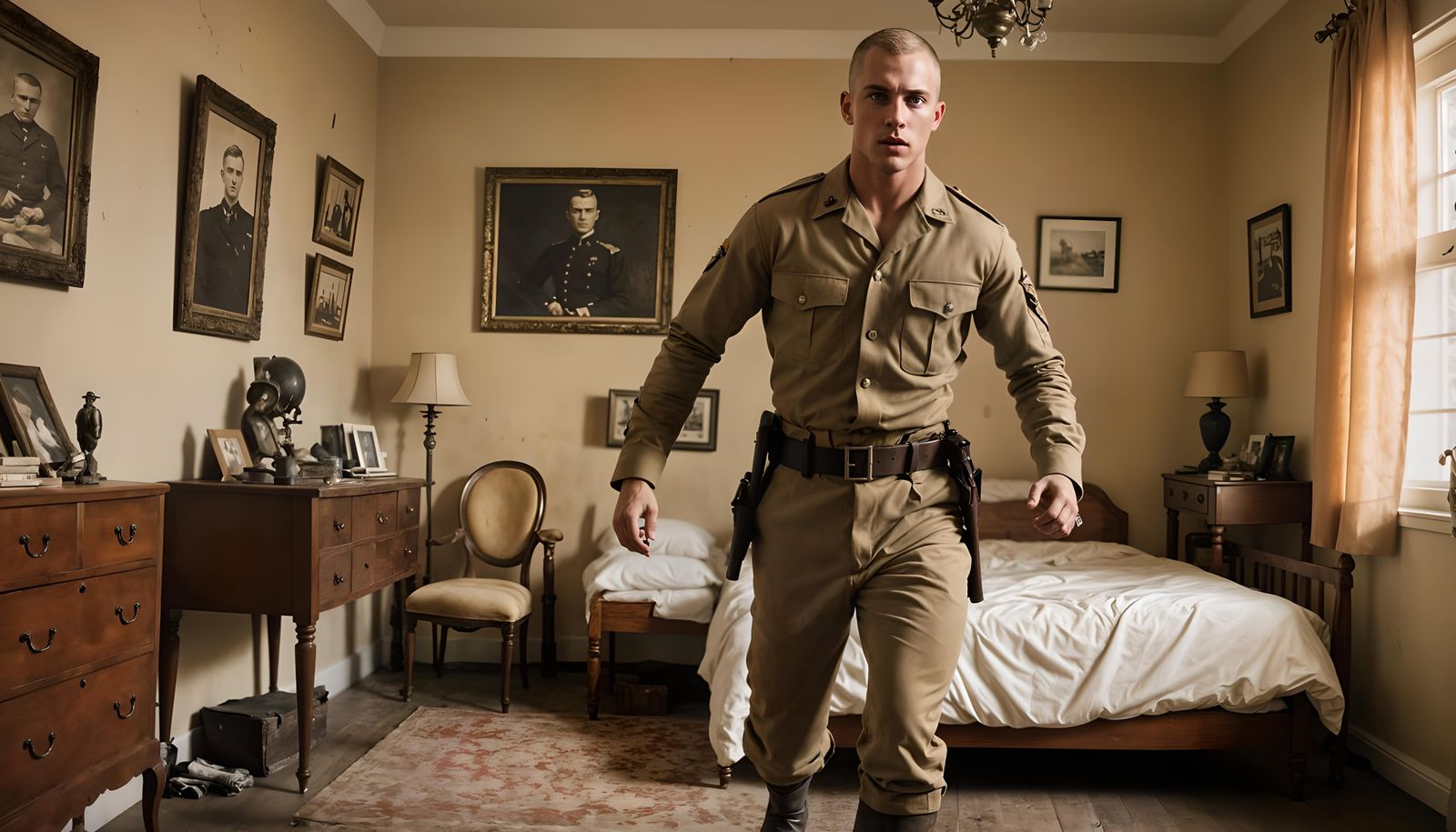 WWI Soldier Running Through Bedroom in Steampunk Horror
